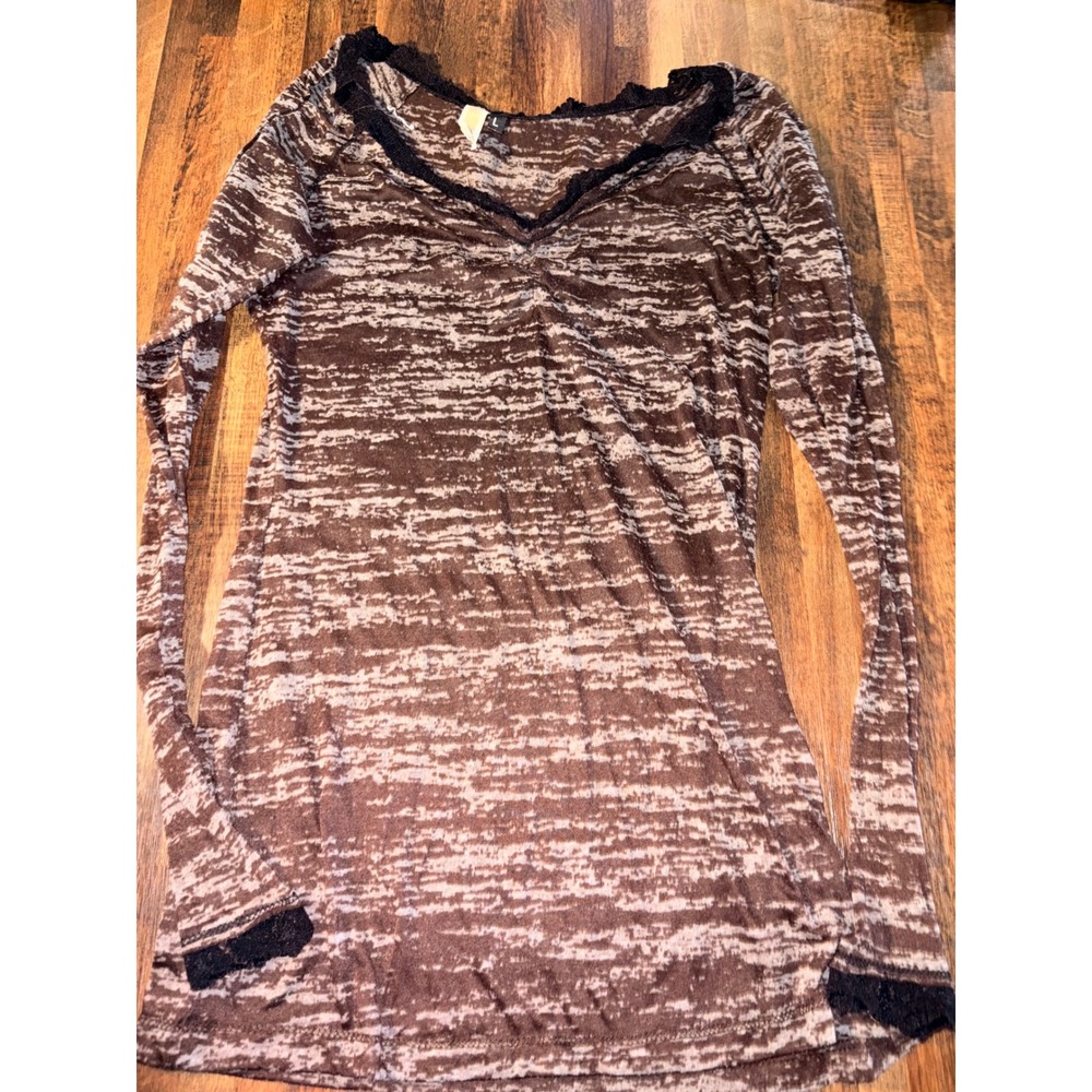 BKE Womens Brown Space Dye Burnout Lace Trim V-Neck Long Sleeve Top Large